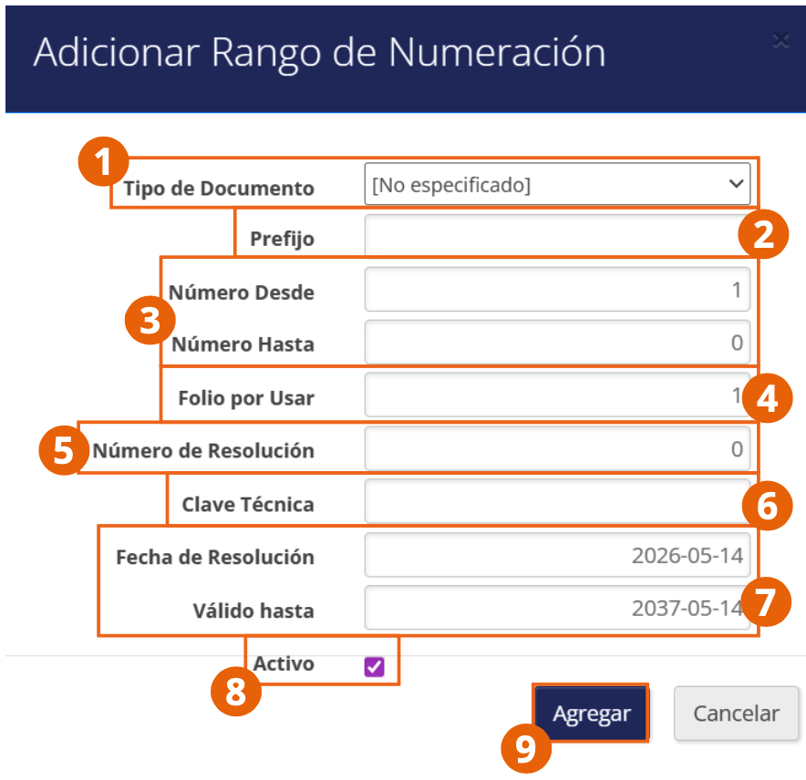 Add Numbering Range form