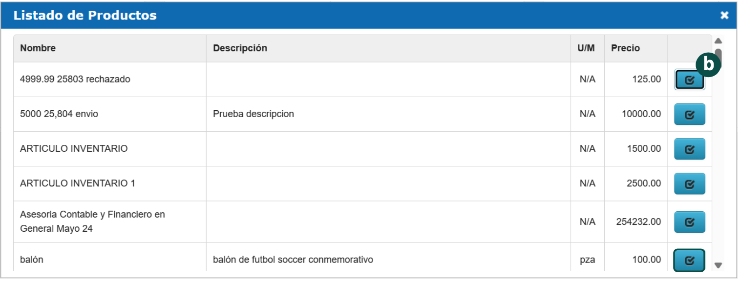 Product List window with the catalog of registered products