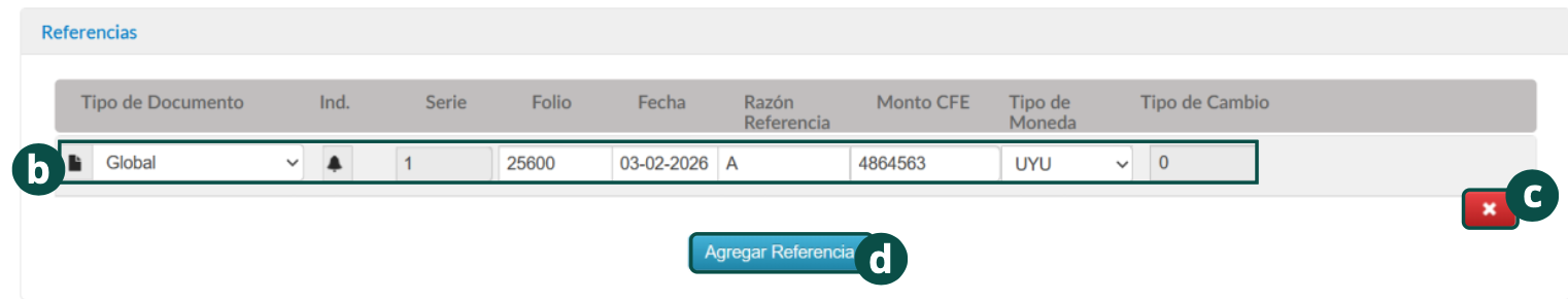 Reference line with document type, series, folio, date, reference reason, CFE amount, and currency type
