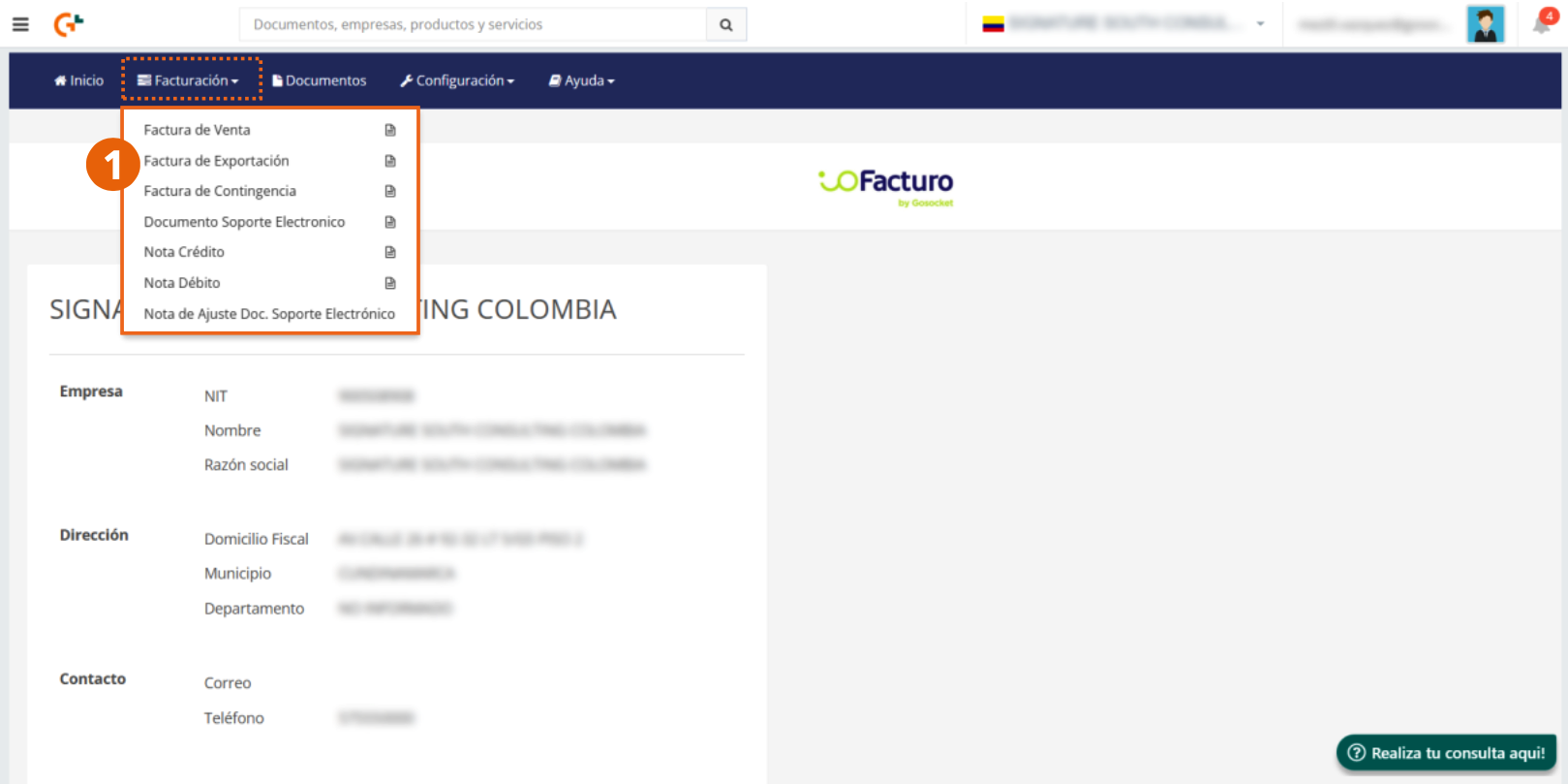 ioFacturo Invoicing menu with available document types