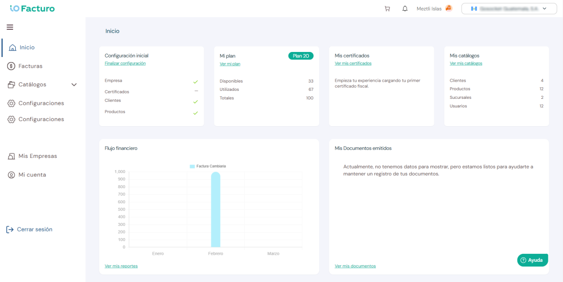 Home panel of the ioFacturo invoicing tool