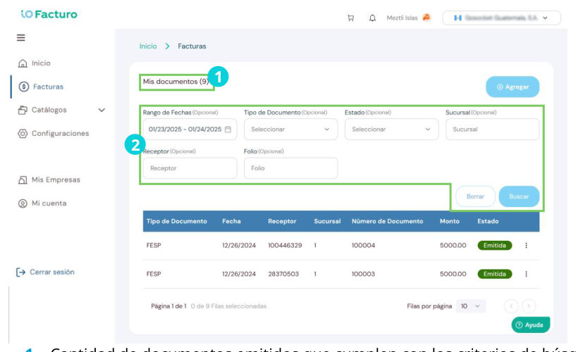 Invoices module — list of issued documents