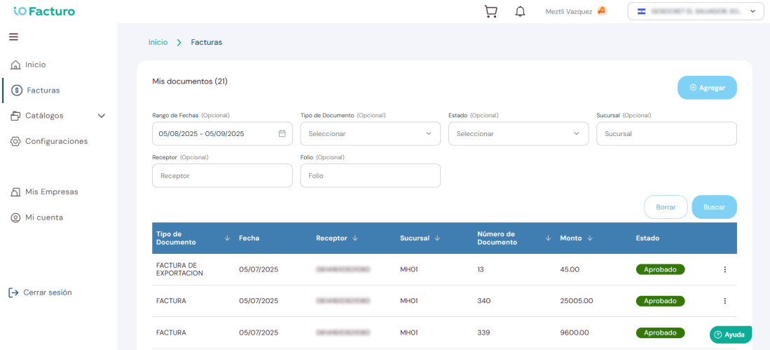 Invoices module — list of issued documents