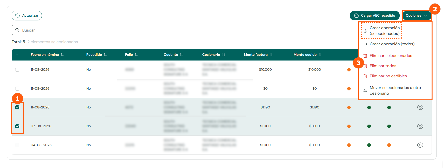 Options menu of the assignment list