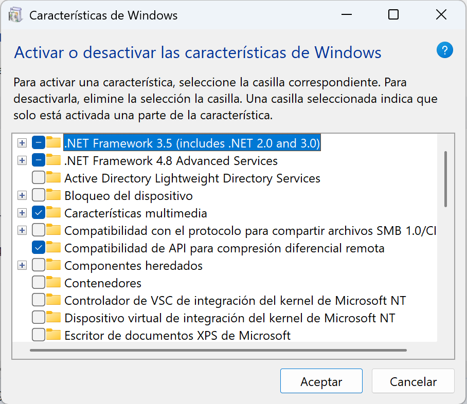Expanded Windows features window