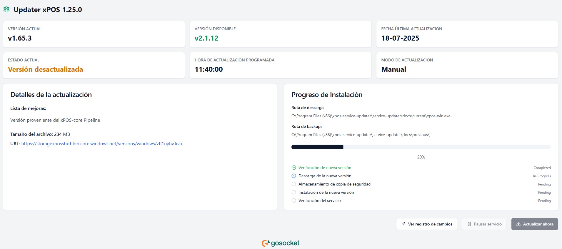 Updater main dashboard