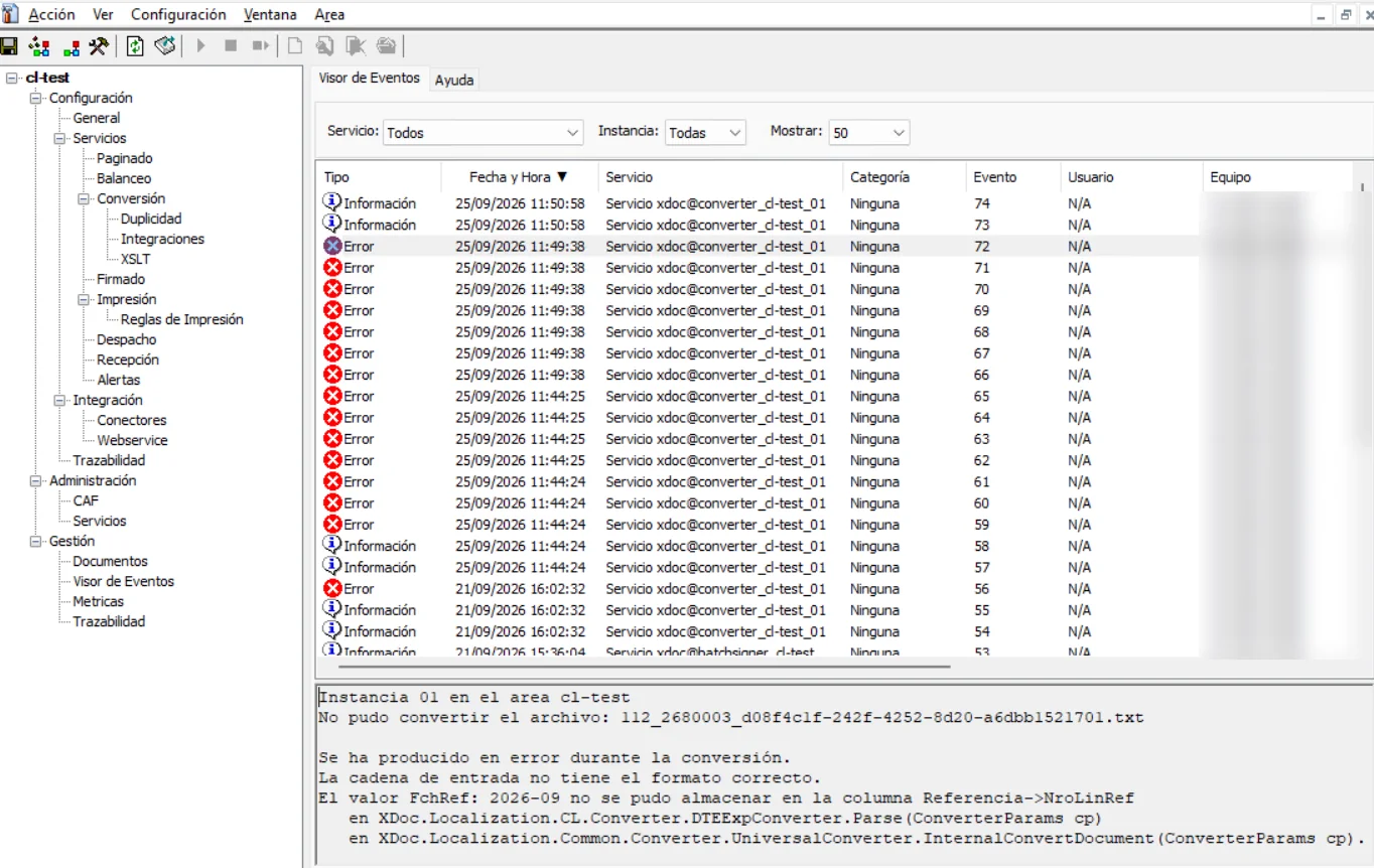 xDoc Manager Event Viewer showing conversion errors (sample data)