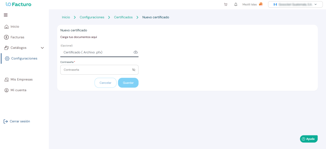 Digital certificate upload form