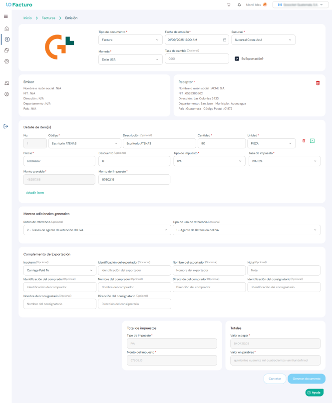 Issuance form — document type selection
