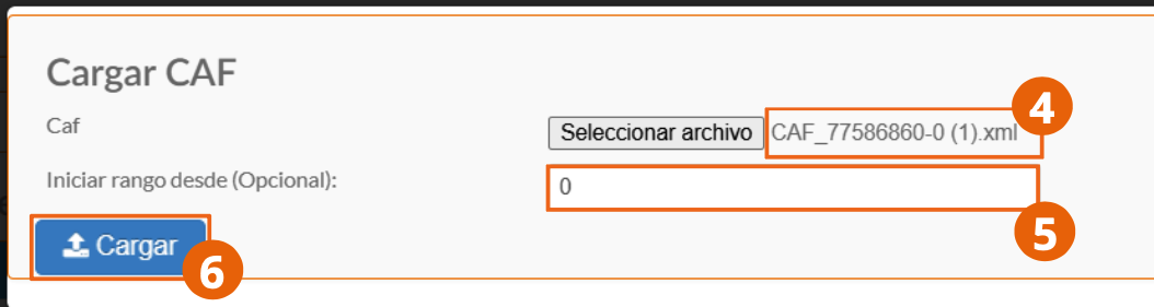 CAF upload form with the range's starting number