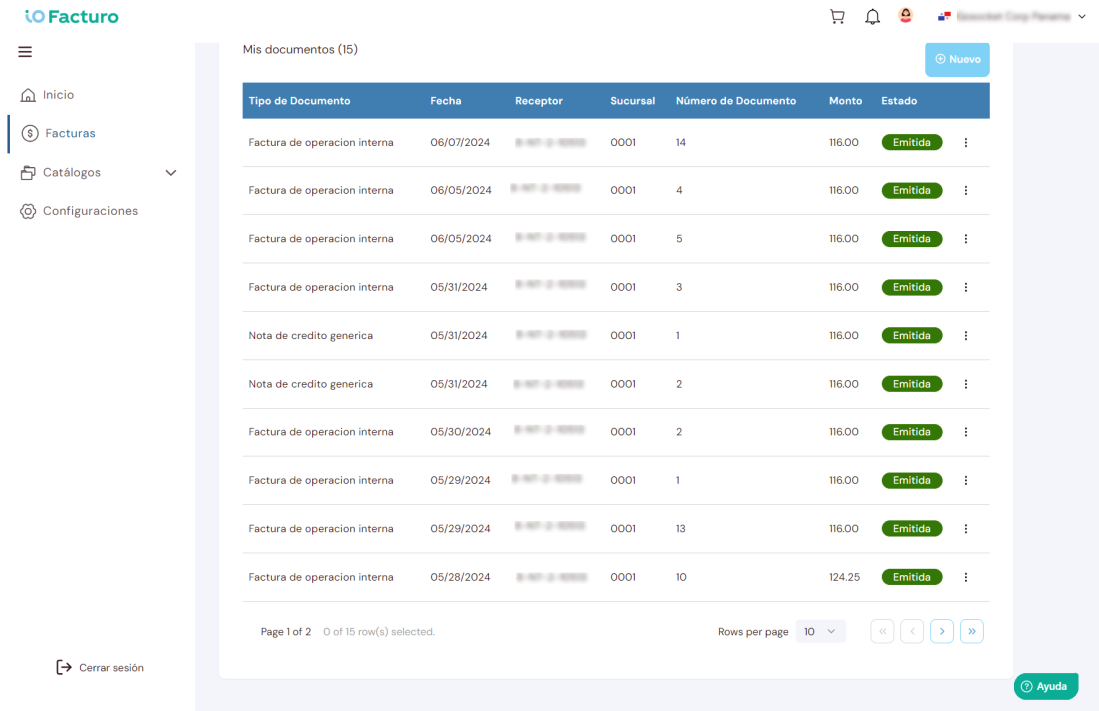 Invoices module — list of issued documents